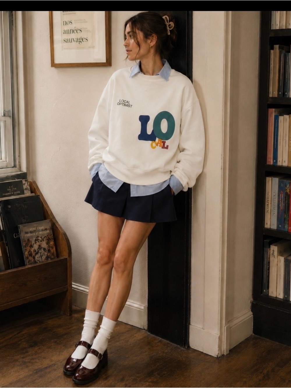 NWT Madhappy Local Optimist Graphic Fleece Crewneck Sweatshirt Cream XS/S